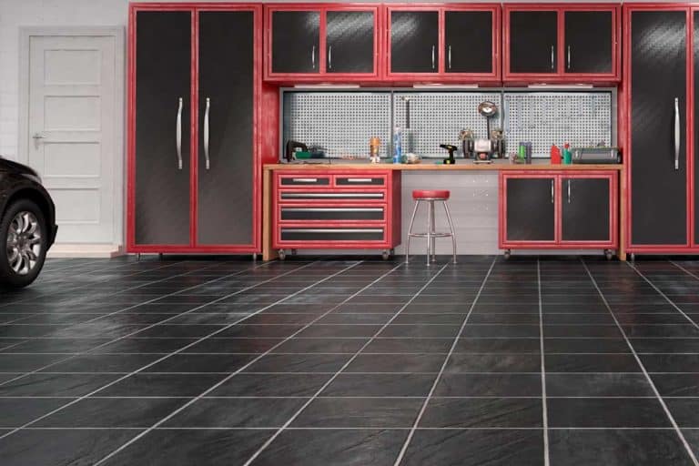 Garage with slate stone texture vinyl floor tiles, Is Vinyl Flooring Good for the Garage?