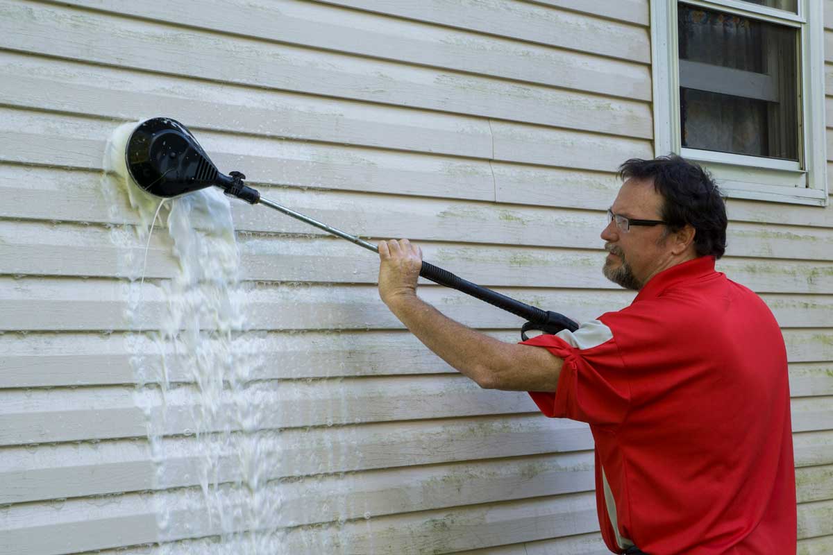 Using a high pressure brush to clean algae and mold off vinyl siding, How to Clean Vinyl Siding Without Killing Plants