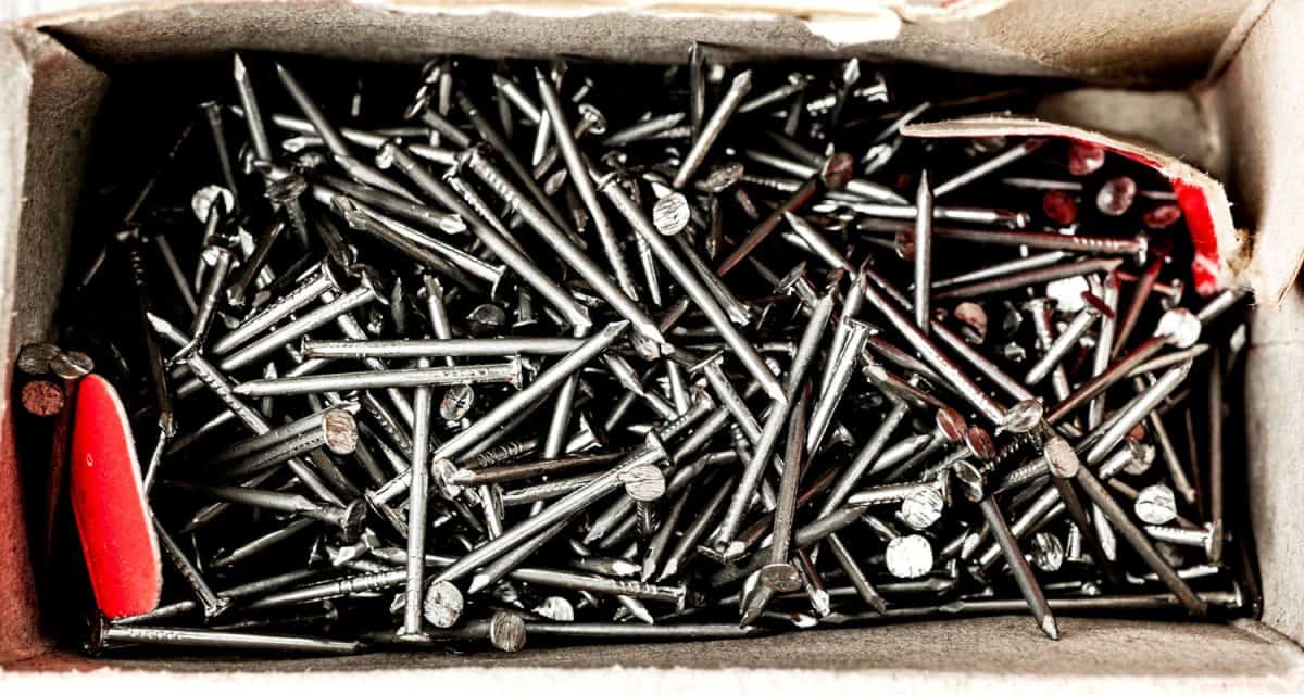 A carpenters box filled with nails