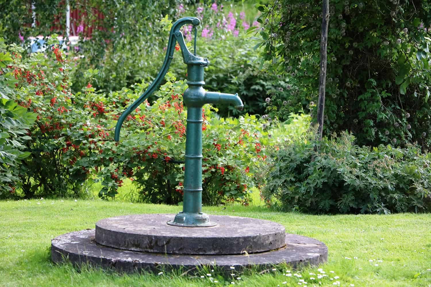 Hand-operated water pump in a garden