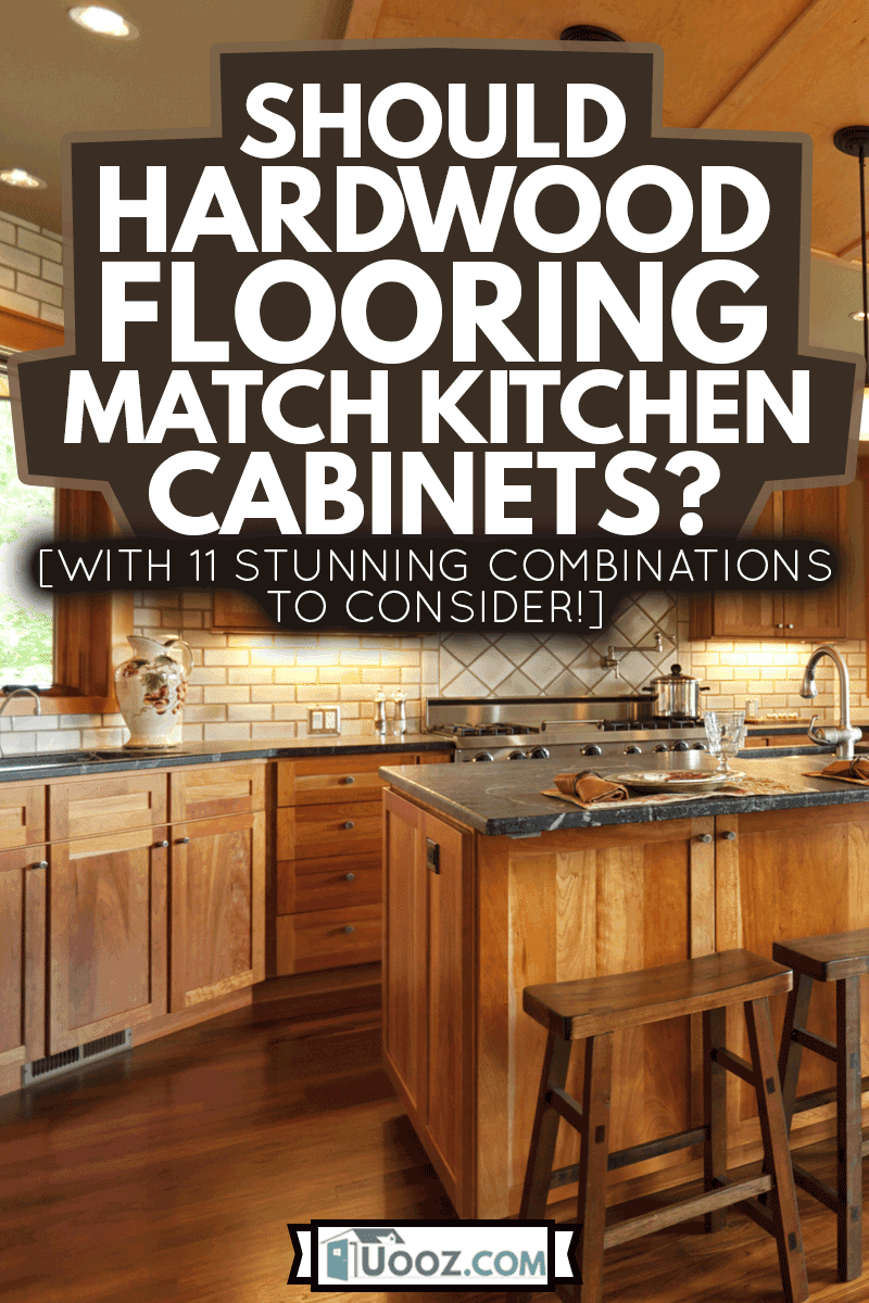 Open-plan kitchen with wooden cabinets and walnut floor, Should Hardwood Flooring Match Kitchen Cabinets? [With 11 Stunning Combinations To Consider!]