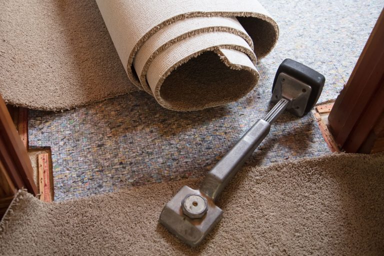 A metal knee kicker used in laying out new brown carpet, How To Lay Carpet Without A Knee Kicker