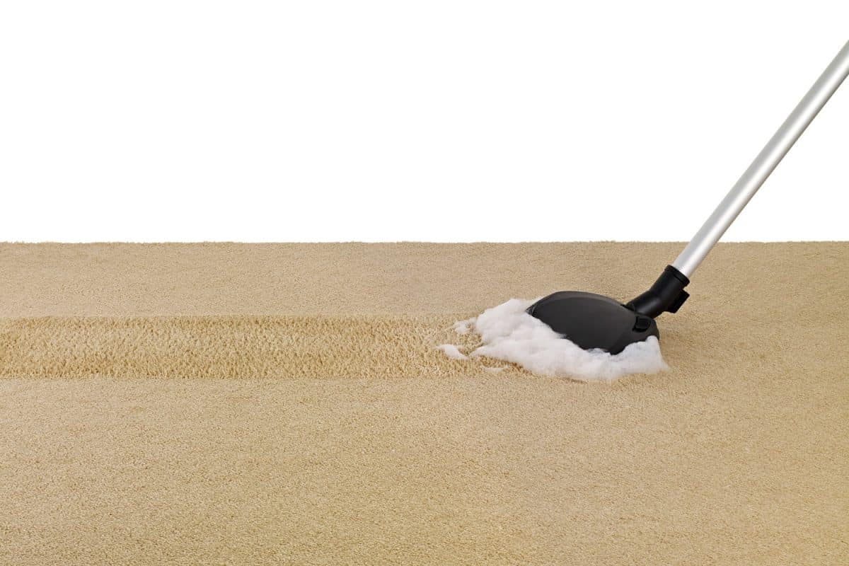 Cleaning a dirty brown carpet using a carpet powder and vacuum