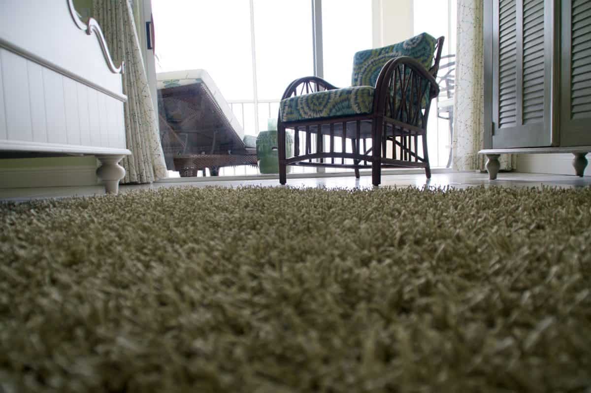 Low angle view of room looking across a shag carpet on a tile floor with furniture.