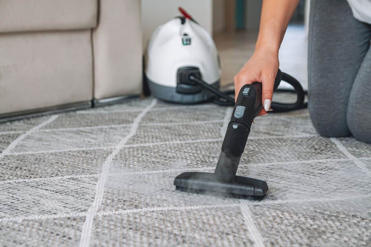 Woman using a steam vacuum cleaner in removing stains in the carpet