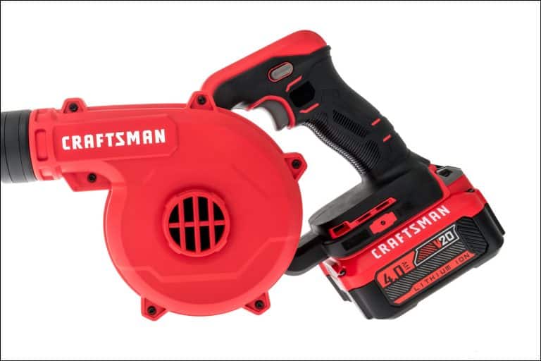 A package of Craftsman blower and a close up picture of a craftsman battery on an isolated background, How Long Does Craftsman Battery Take To Charge?