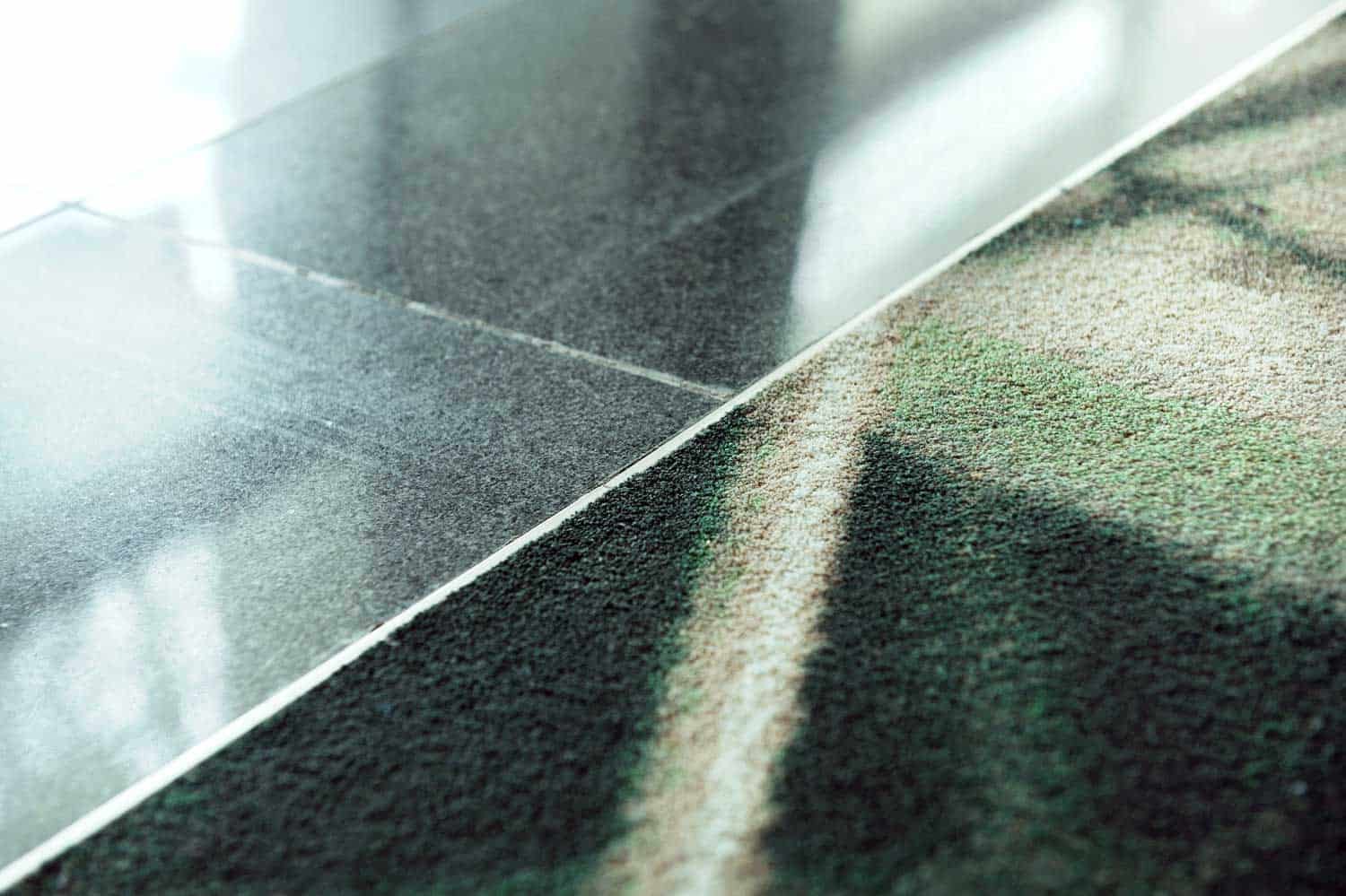 Aluminum threshold between tiles and carpet