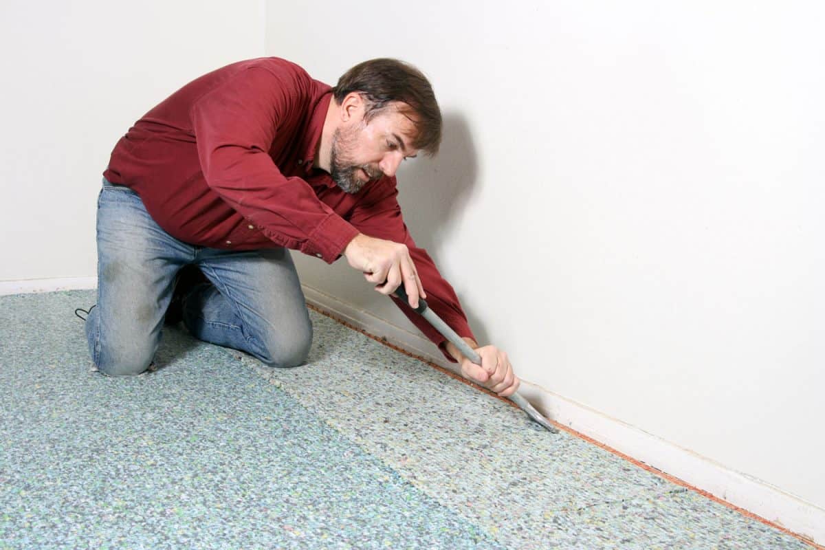 Carpet installer using a chisel in installing the carpet padding