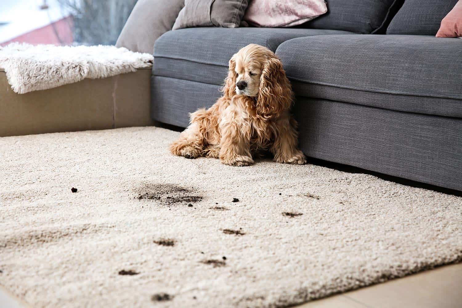 Dog and its dirty trails on carpet