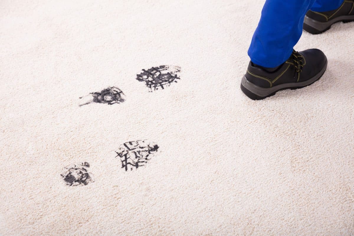 Elevated View Of Person Walking With Muddy Footprint On Carpet