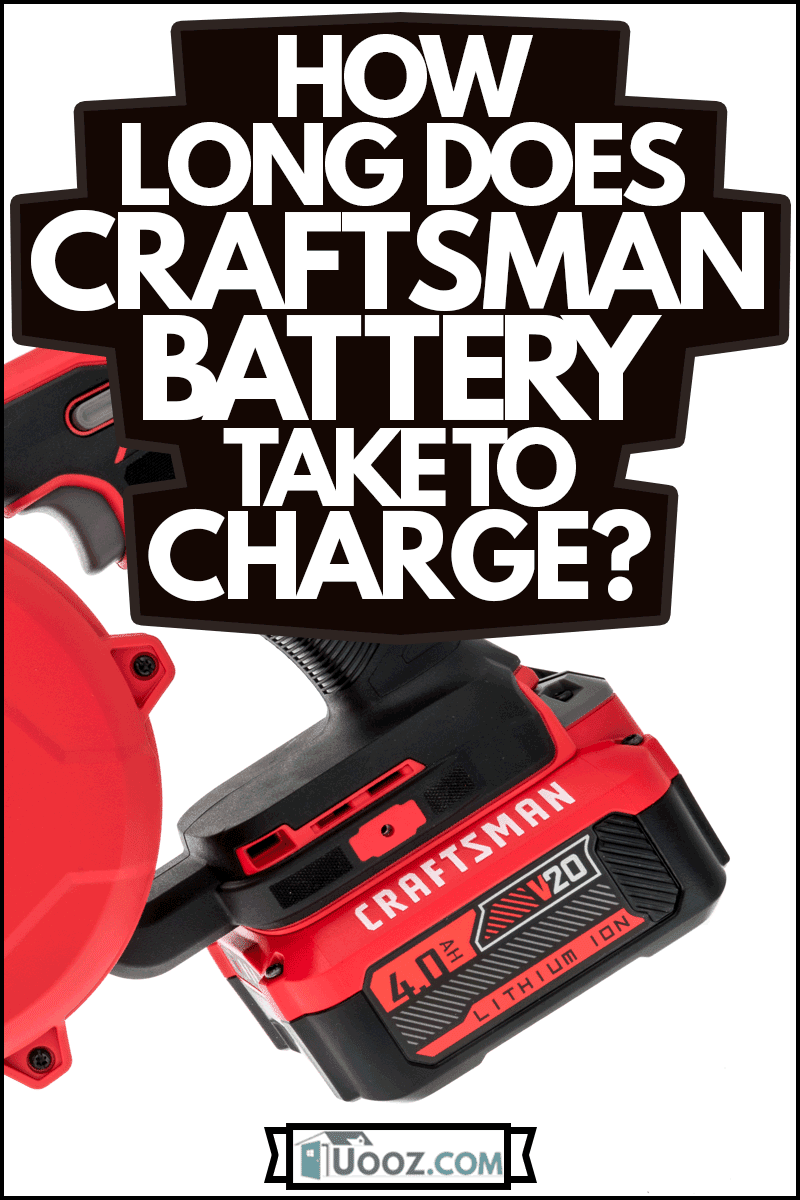 A package of Craftsman blower and a close up picture of a craftsman battery on an isolated background, How Long Does Craftsman Battery Take To Charge?