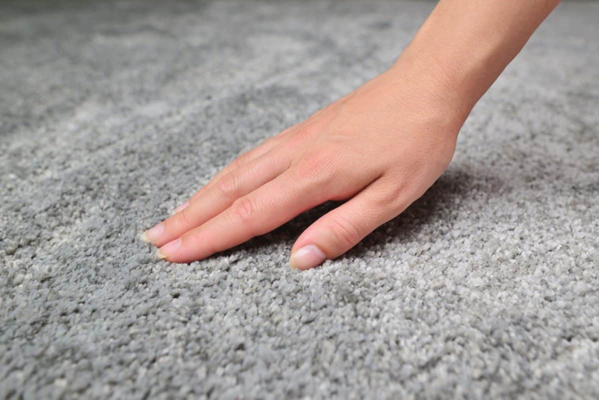 Woman touching grey carpet, close up