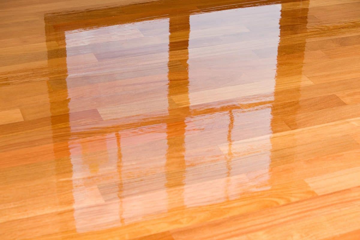 Wet polyurethane on new hardwood floor with window reflection