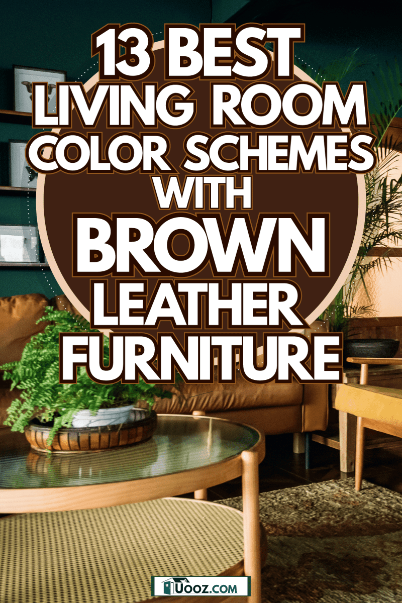 Wooden upholstered chairs with leather sofa inside a dark green living room with plants, 13 Best Living Room Color Schemes With Brown Leather Furniture