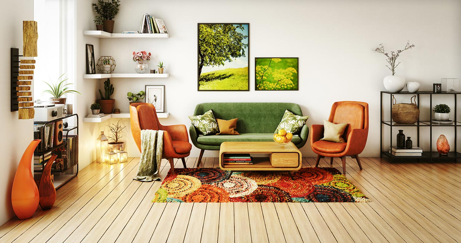 Digitally generated 70s style living room