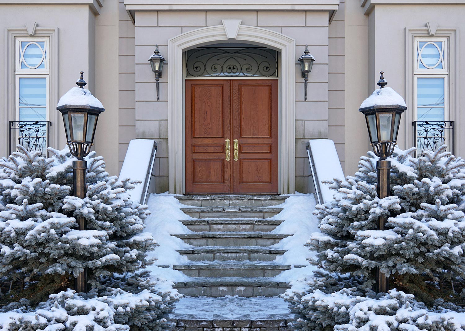 Elegant wood grain front door of house in winter with snow covered pine bushes