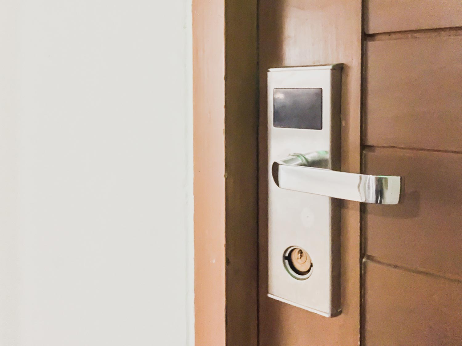 Modern door handle with security system electronic lock the hotel room door