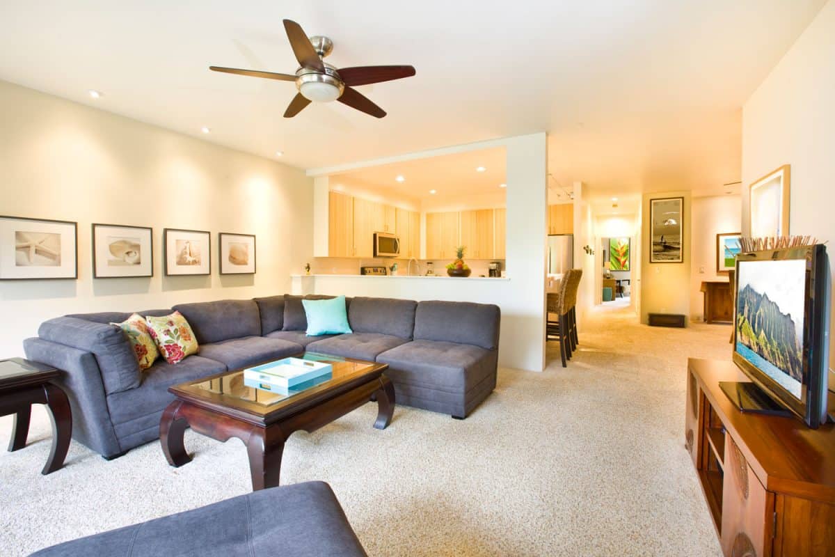 Open space living area with carpeted flooring, a pony wall behind the gray sectional sofa