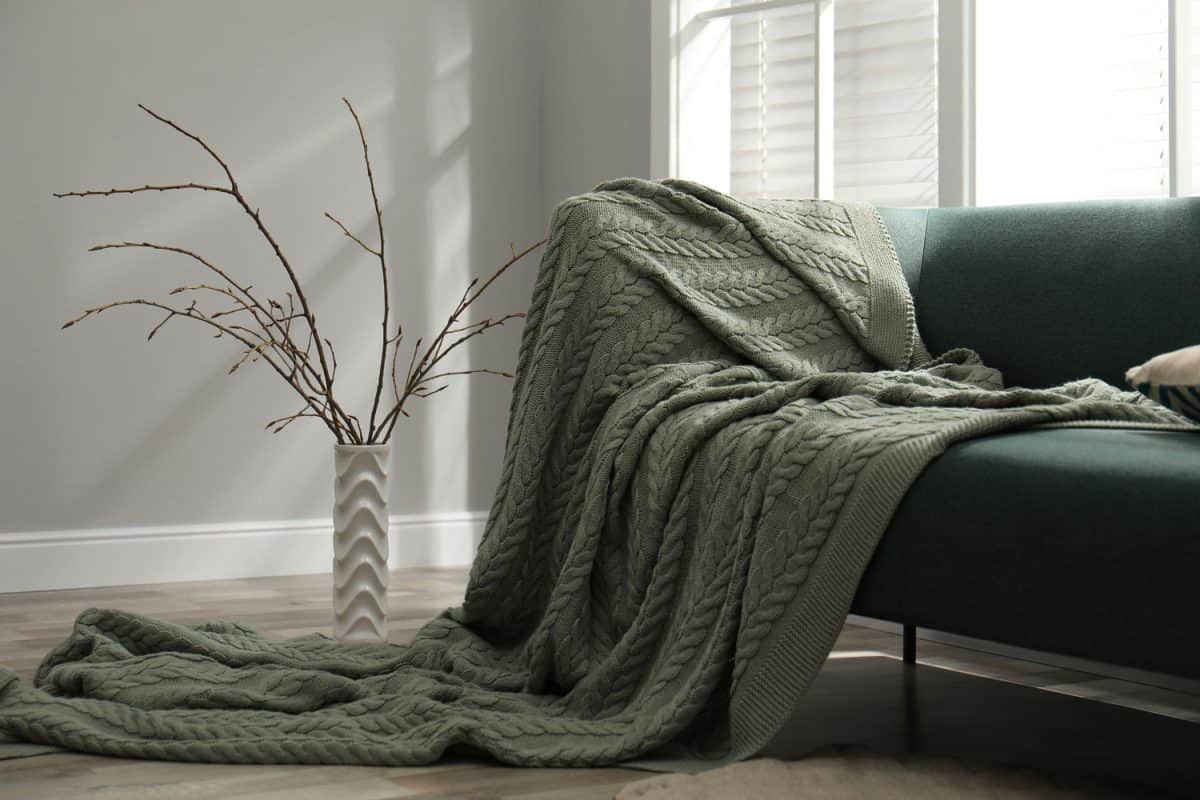 A green throw on the mint green sofa inside a gray living area