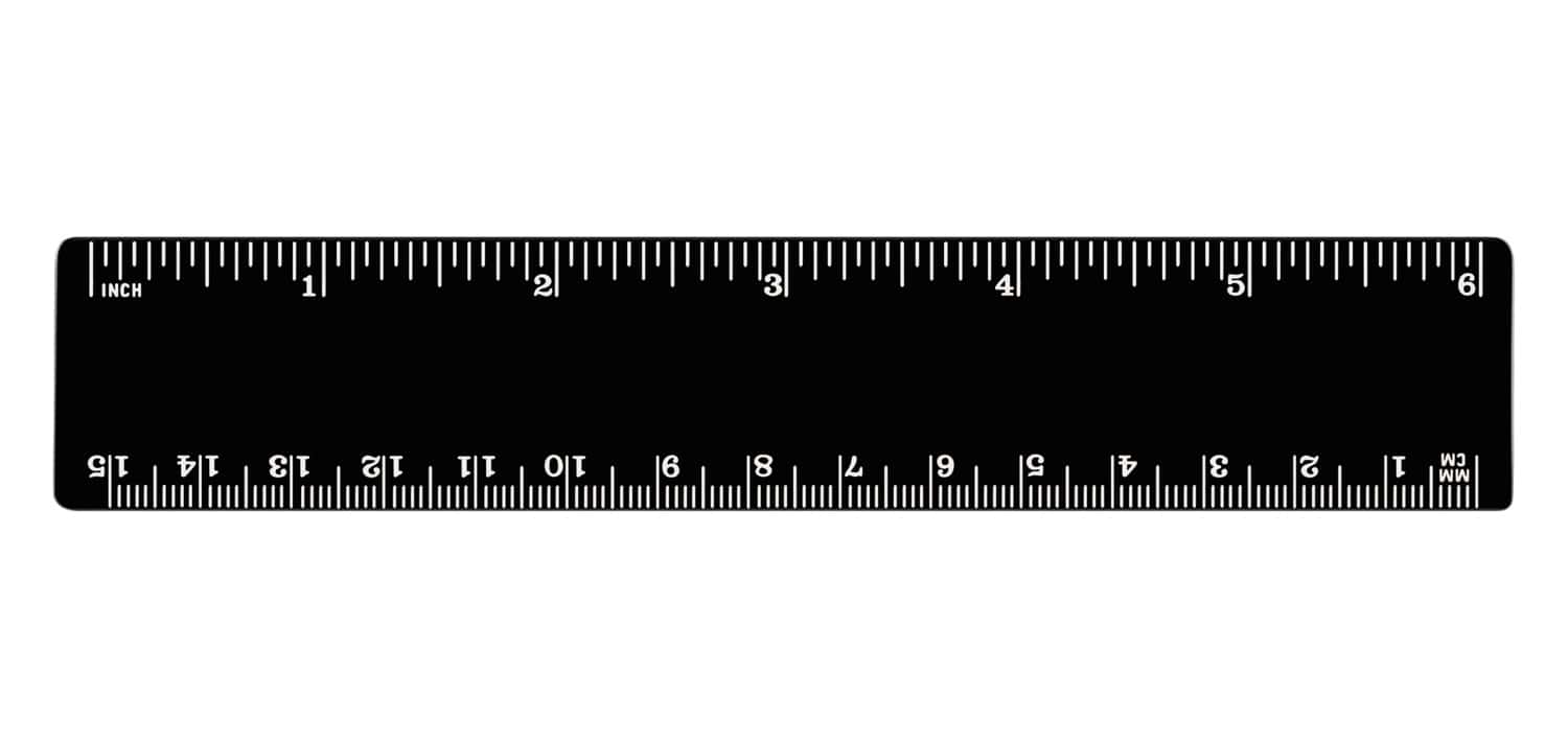 Black ruler isolated, inches, centimeters, milimeters, imperial and metric distance length units, cm and mm marks, detailed macro closeup flat lay, white numbers on plastics
