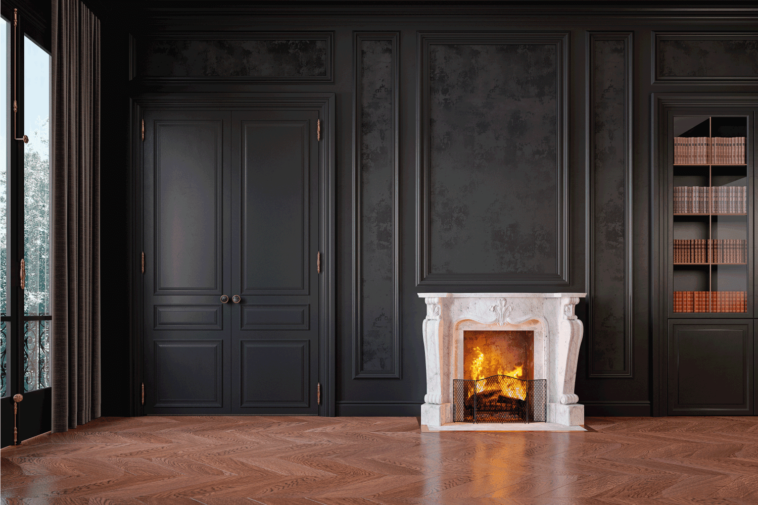 Classic black interior with fireplace, moldings, wall panel, books