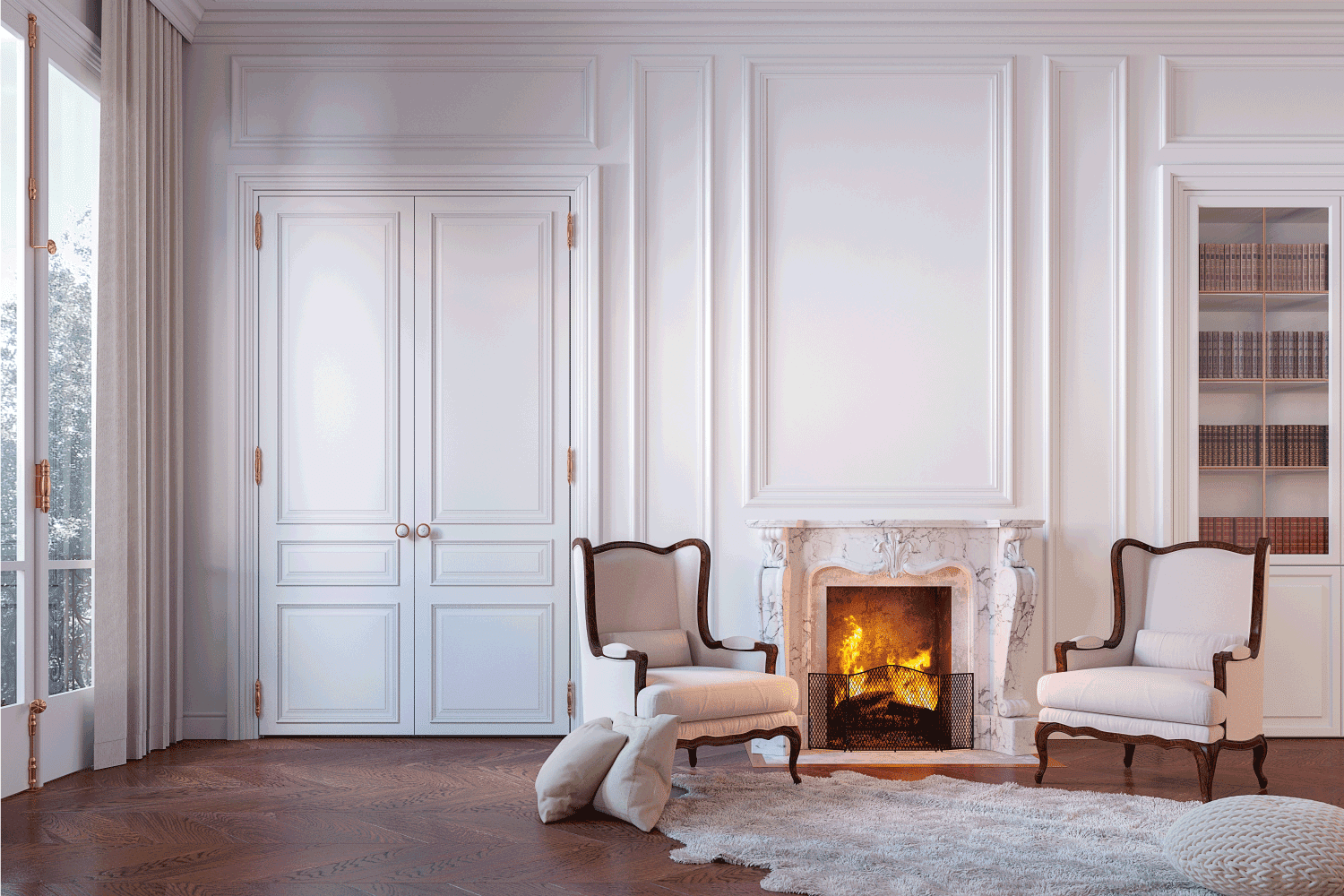 Classic white interior with fireplace, armchairs, carpet, moldings, wall panel