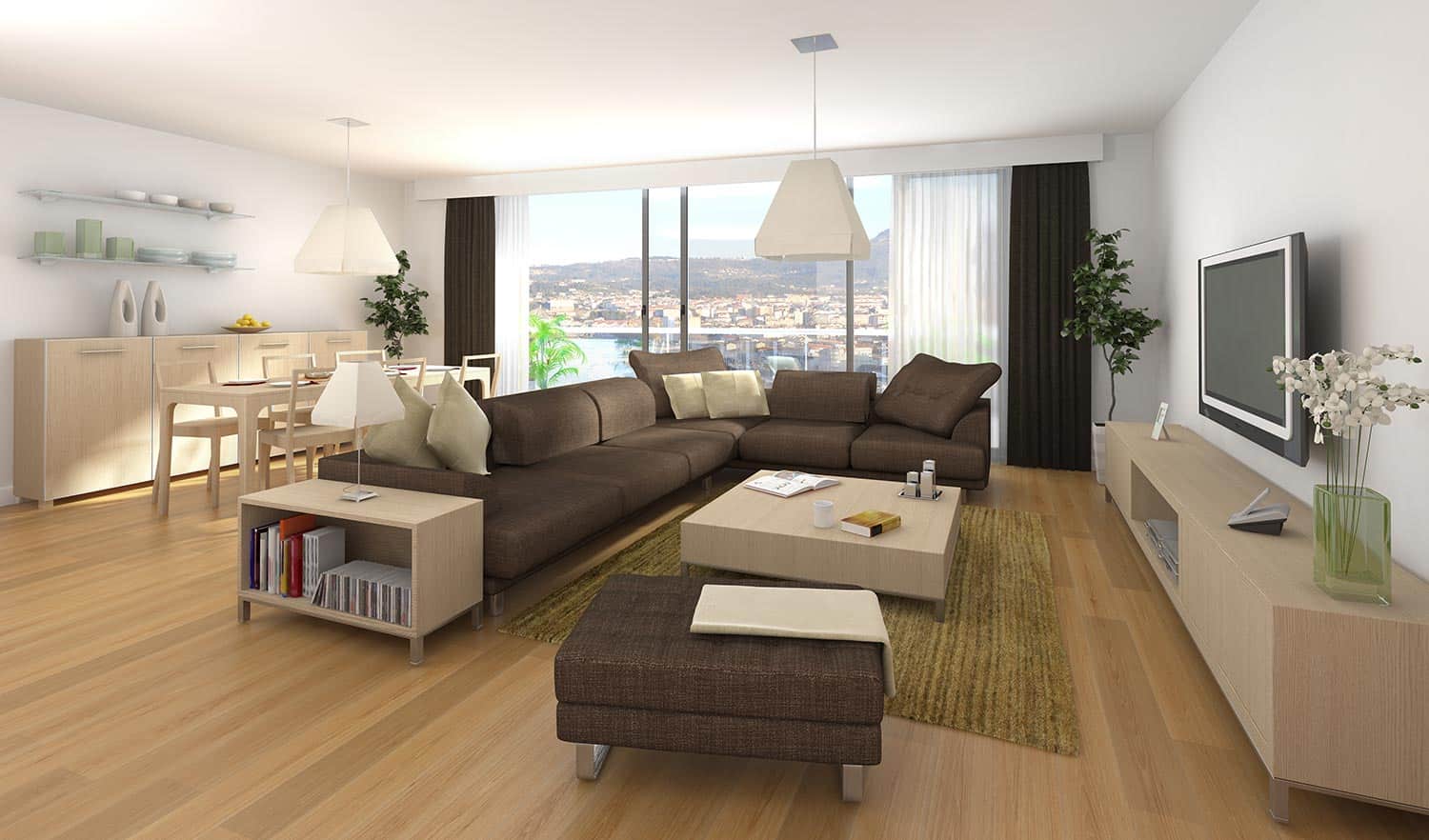 Interior design scene of modern apartment with living room and dinner room in wood and brown colors