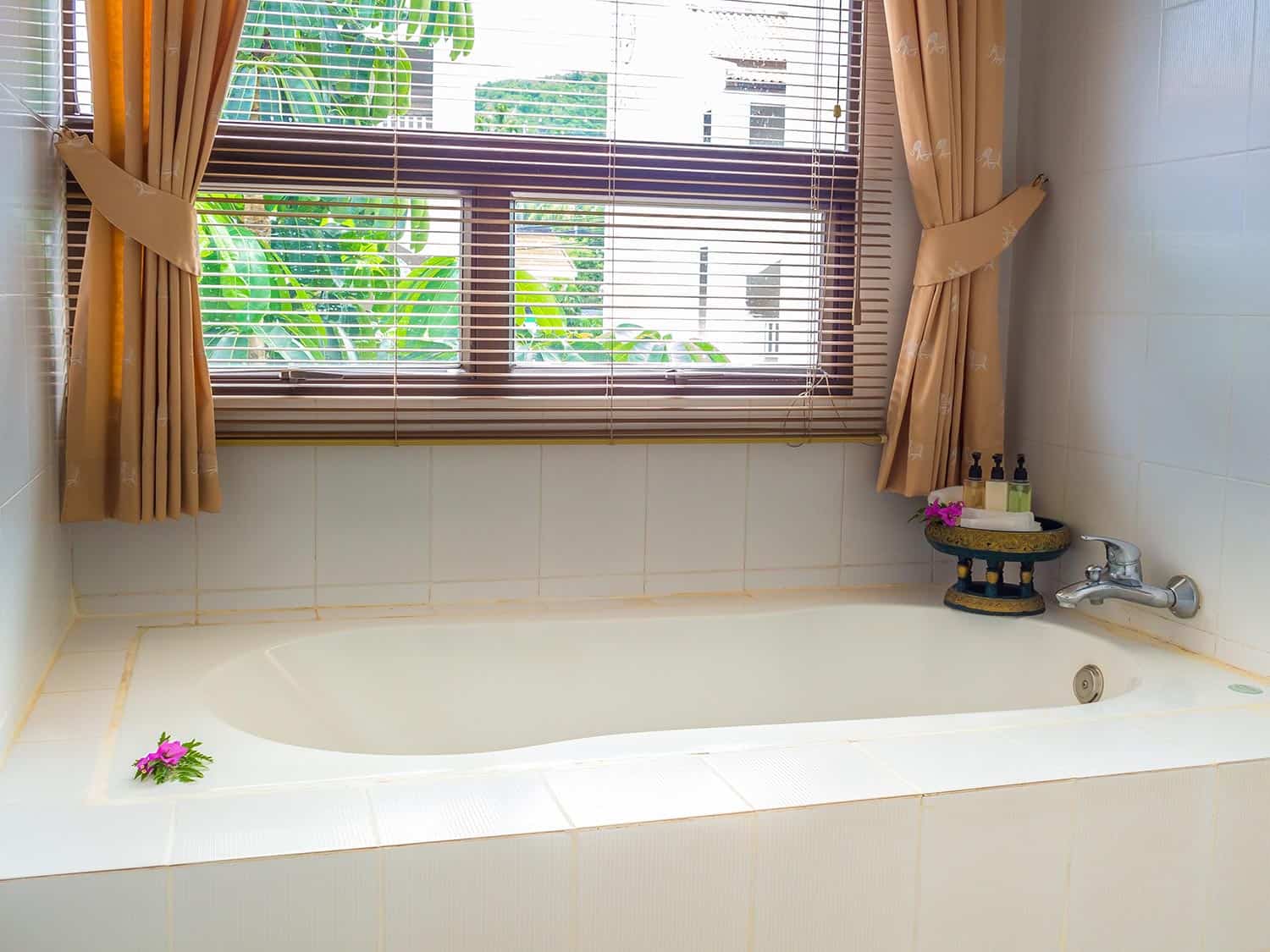 Interior home decorated bath in front of window