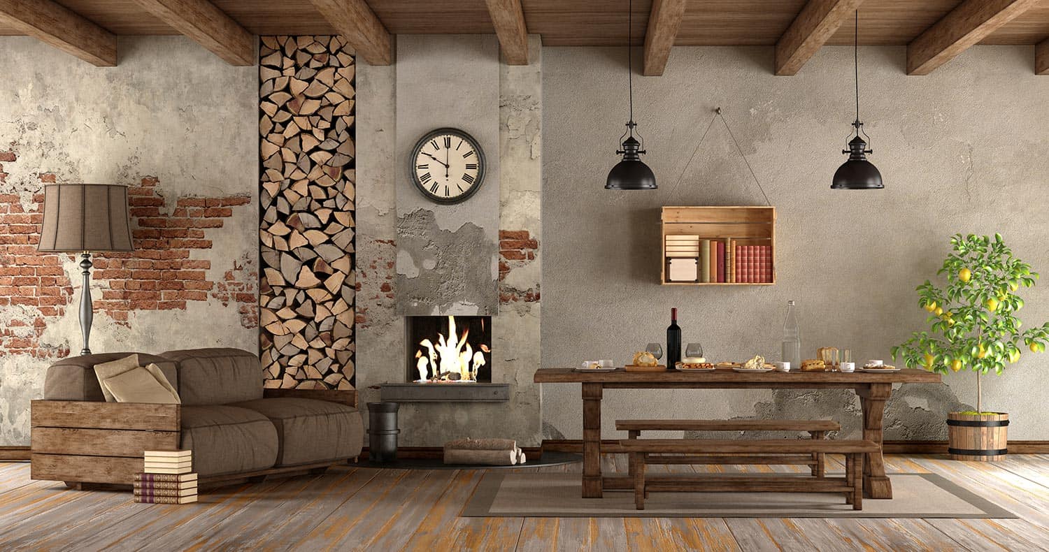 Living room with fireplace in rustic style with sofa and dining table