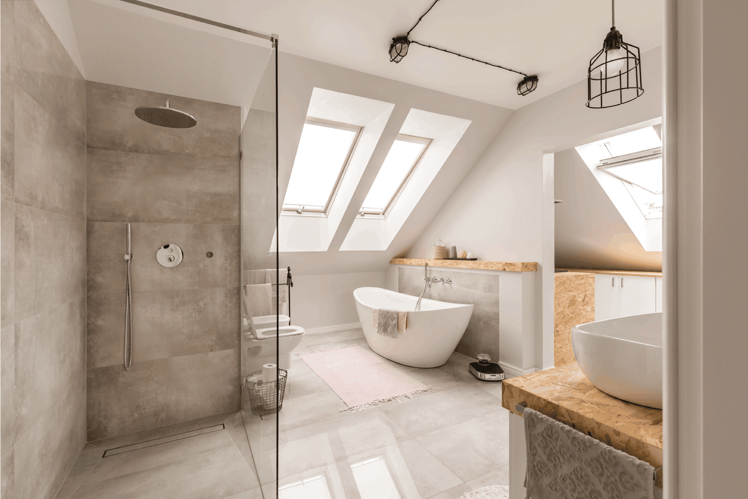 Modern bathroom interior with minimalistic shower and lighting, white toilet, sink, bathtub and roof windows. glossy floor tile