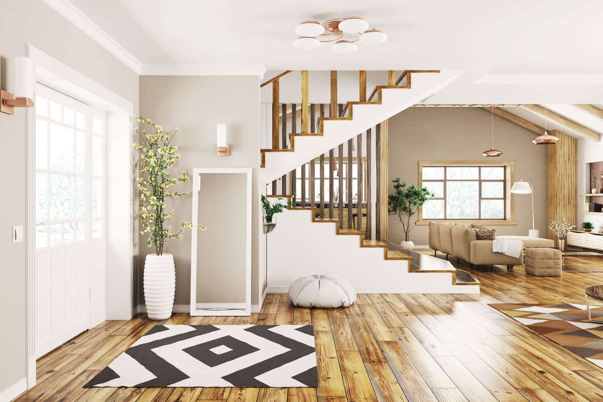 Modern interior designac of house, hall, living room with staircase
