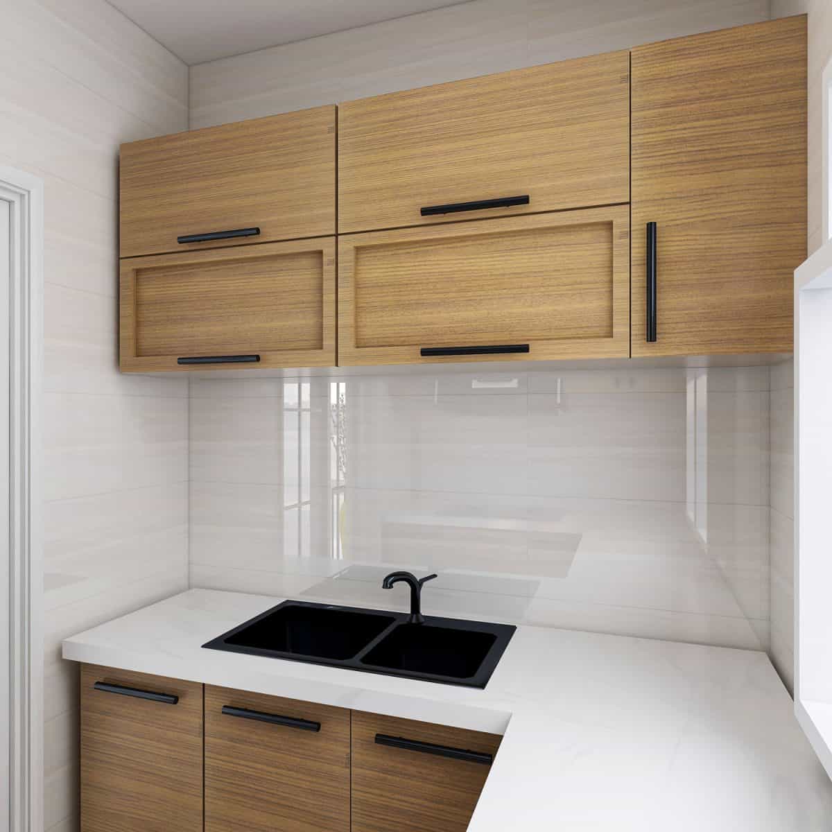 Modern minimalist oak cabinets and cupboards inside a white small kitchen