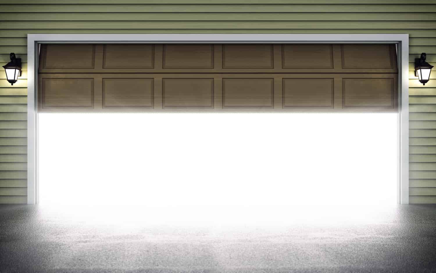 Open garage door with glowing light.