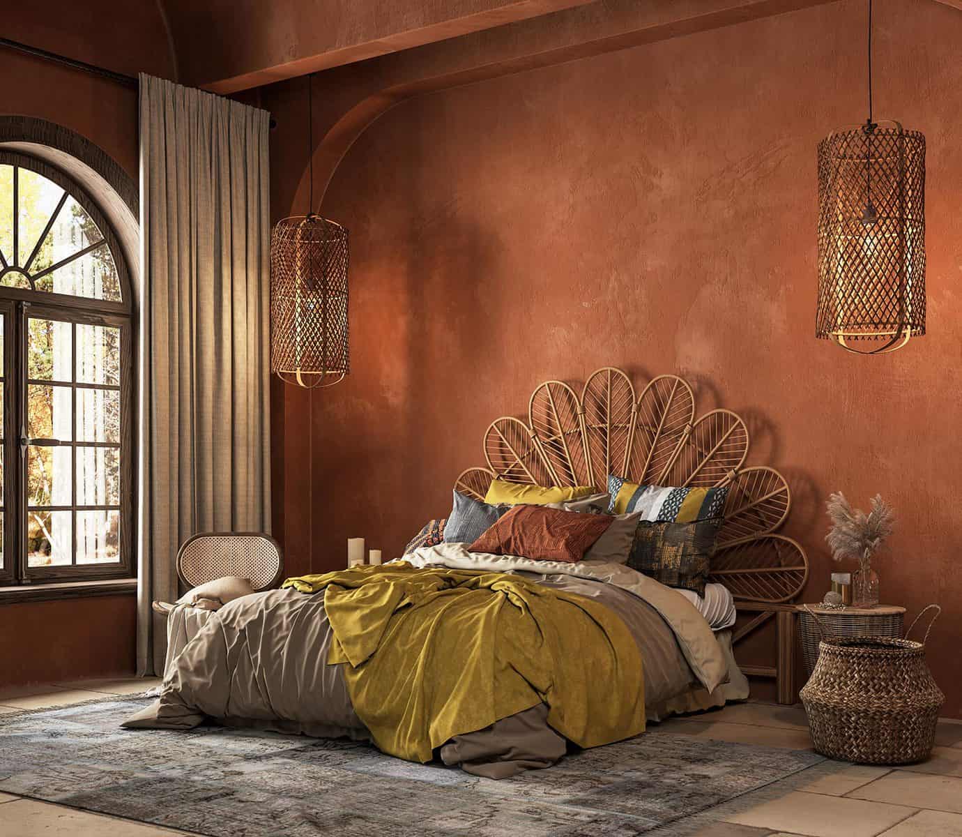 Orange boho style bedroom interior with armchair