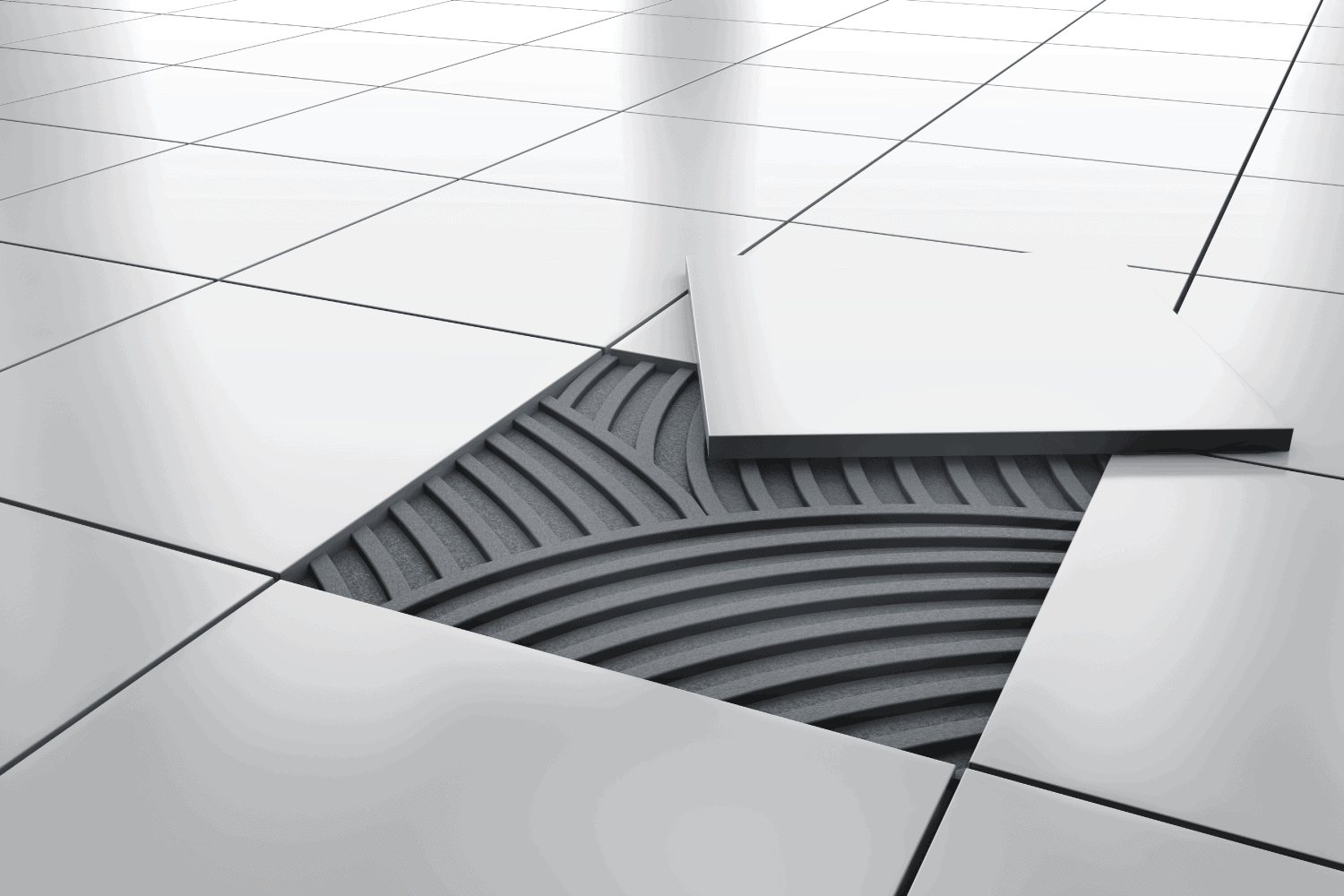 White glossy ceramic tile floor repair
