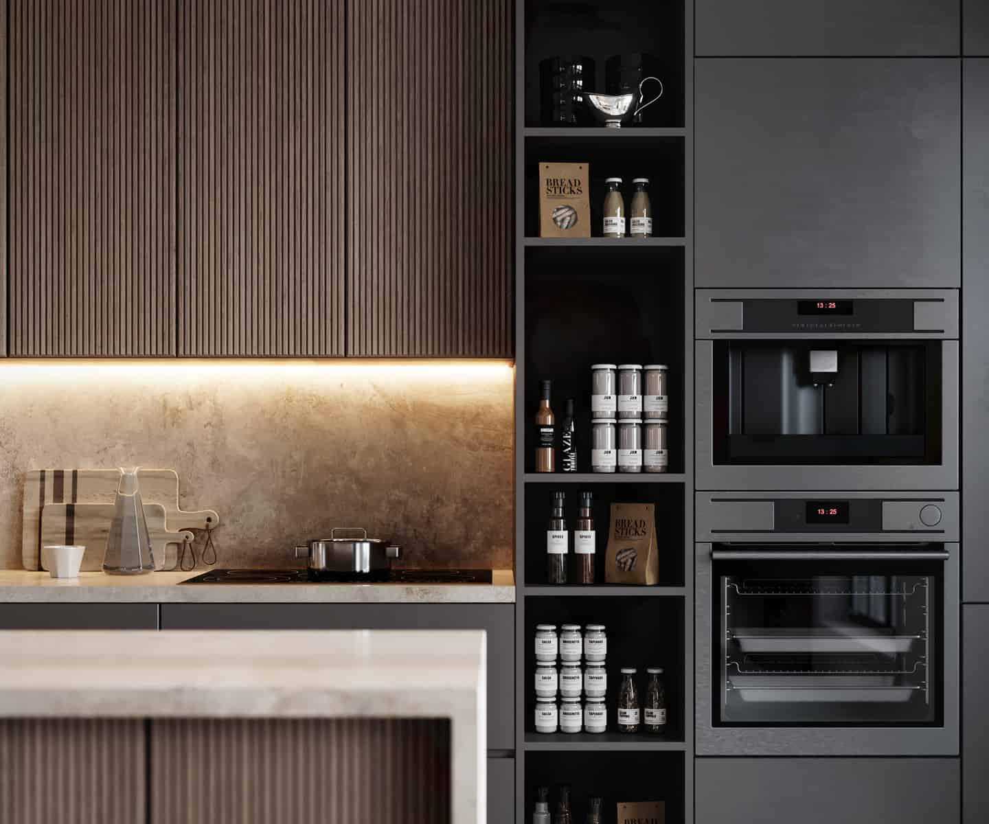  image of a modern kitchen interior design with stoke, shelf and appliances.