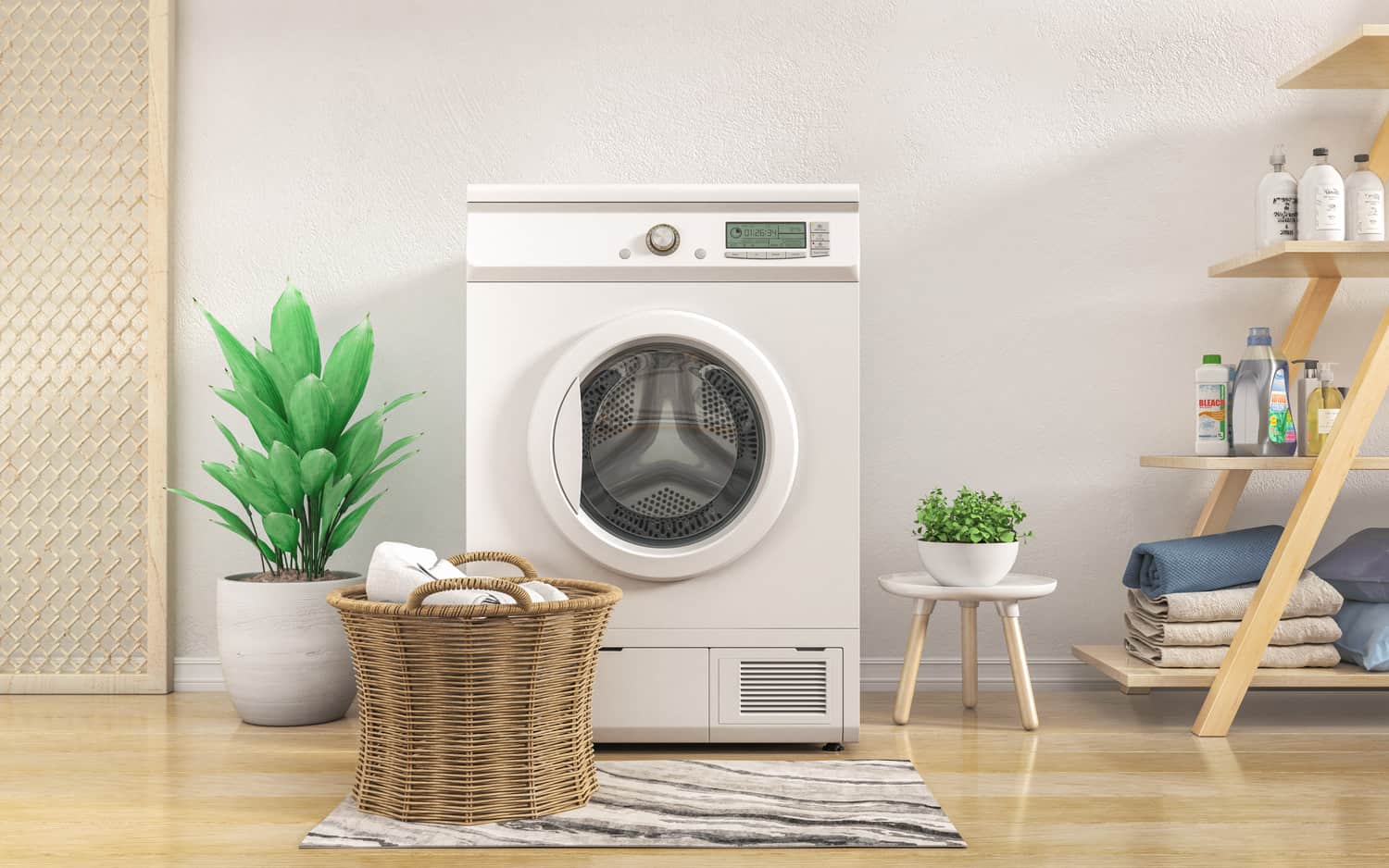 Laundry room with white wall,wooden floor and flowers