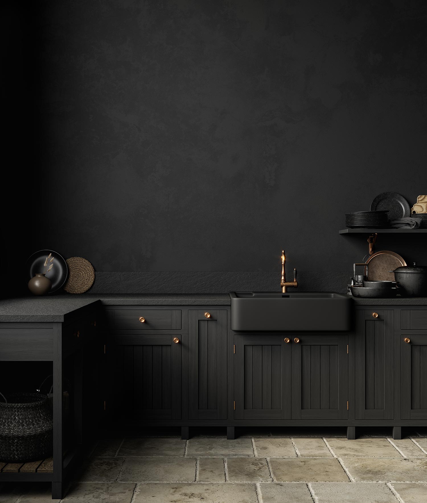 Black kitchen interior with sink, furniture, dishes and decor