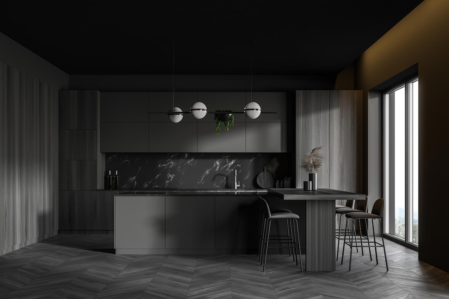 Interior of luxury kitchen with grey, black marble and wooden walls