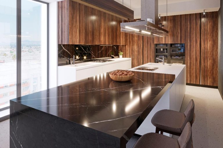 A luxurious black marble countertops with wooden plate and two leather bar stools in the kitchen, What Color Kitchen Cabinets With Black Countertops