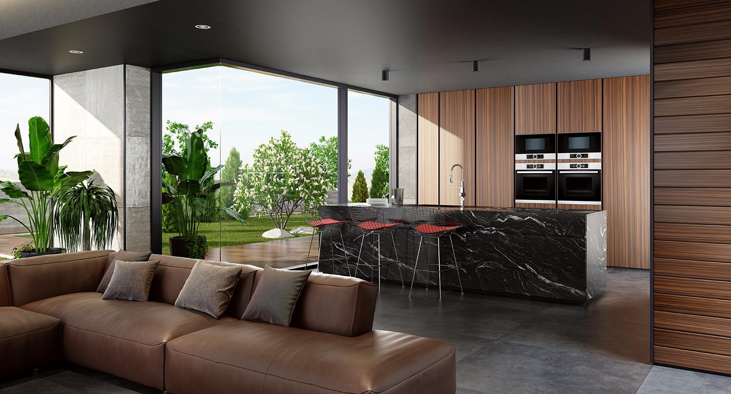 Modern minimalist kitchen with open garden