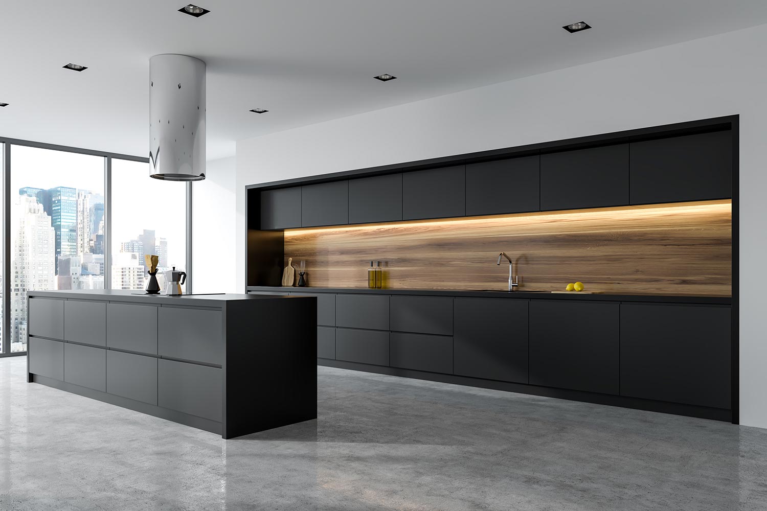 Panoramic black and wooden kitchen interior with black countertops and an island