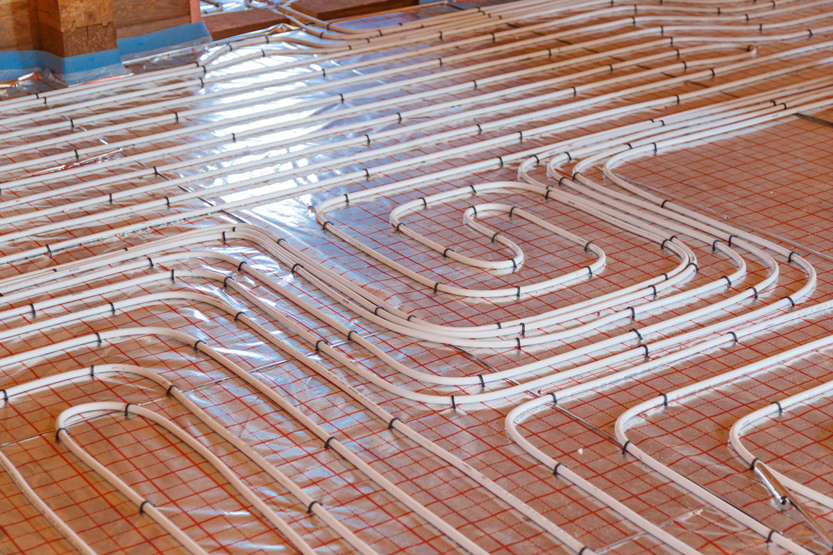 Underfloor surface heating pipes. Low temperature heating concept