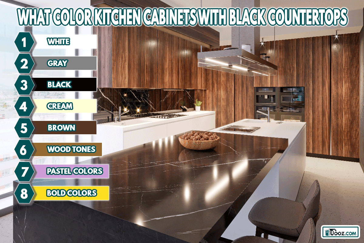Luxurious black marble countertops with wooden plate and two leather bar stools in the kitchen, What Color Kitchen Cabinets With Black Countertops