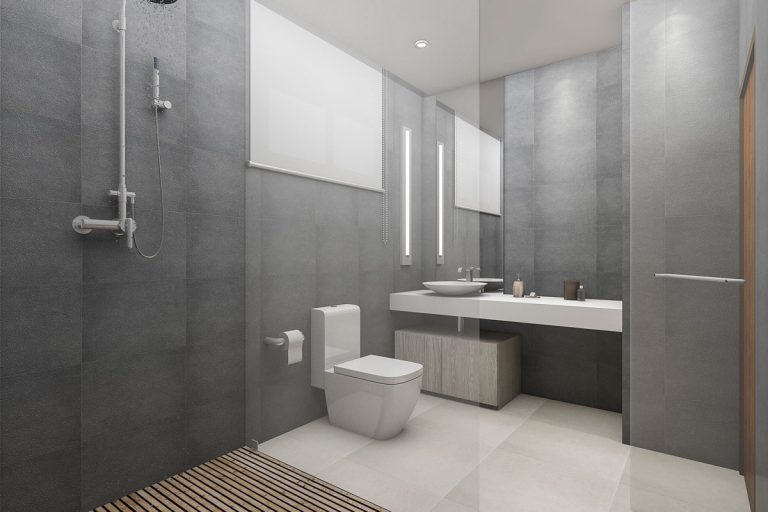 White tile flooring and inside a gray wall bathroom with a glass shower wall, What Wall Color Goes With Gray Tile In The Bathroom?