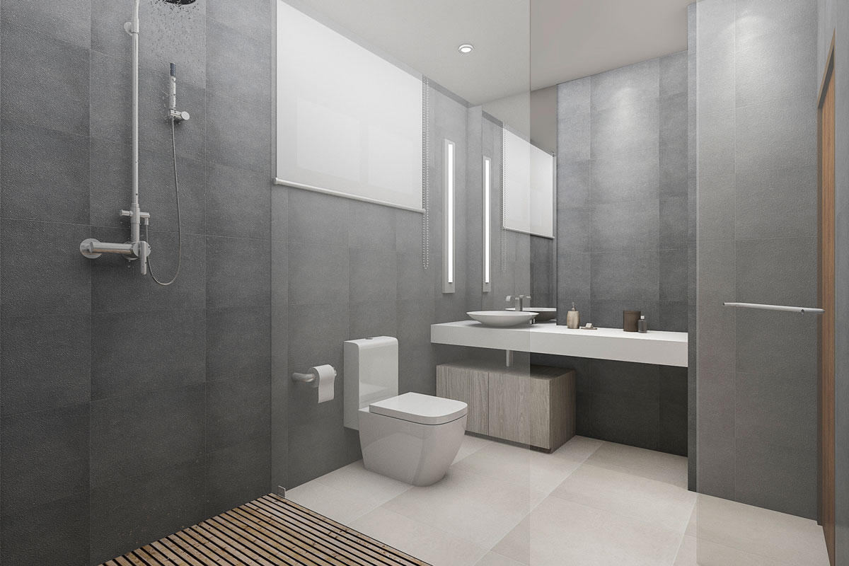 White tile flooring and inside a gray wall bathroom with a glass shower wall