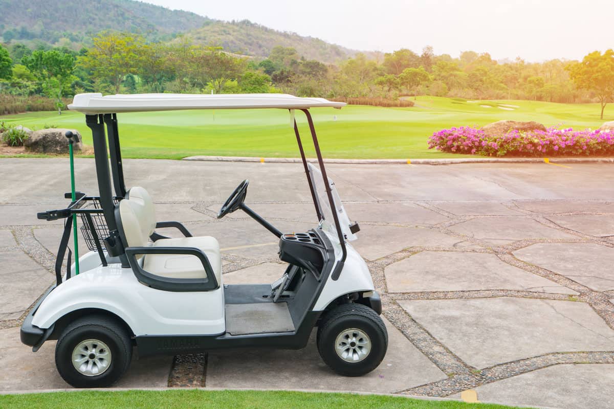 Club Car or Golf Cart in a golf course with green lawns on sunny day