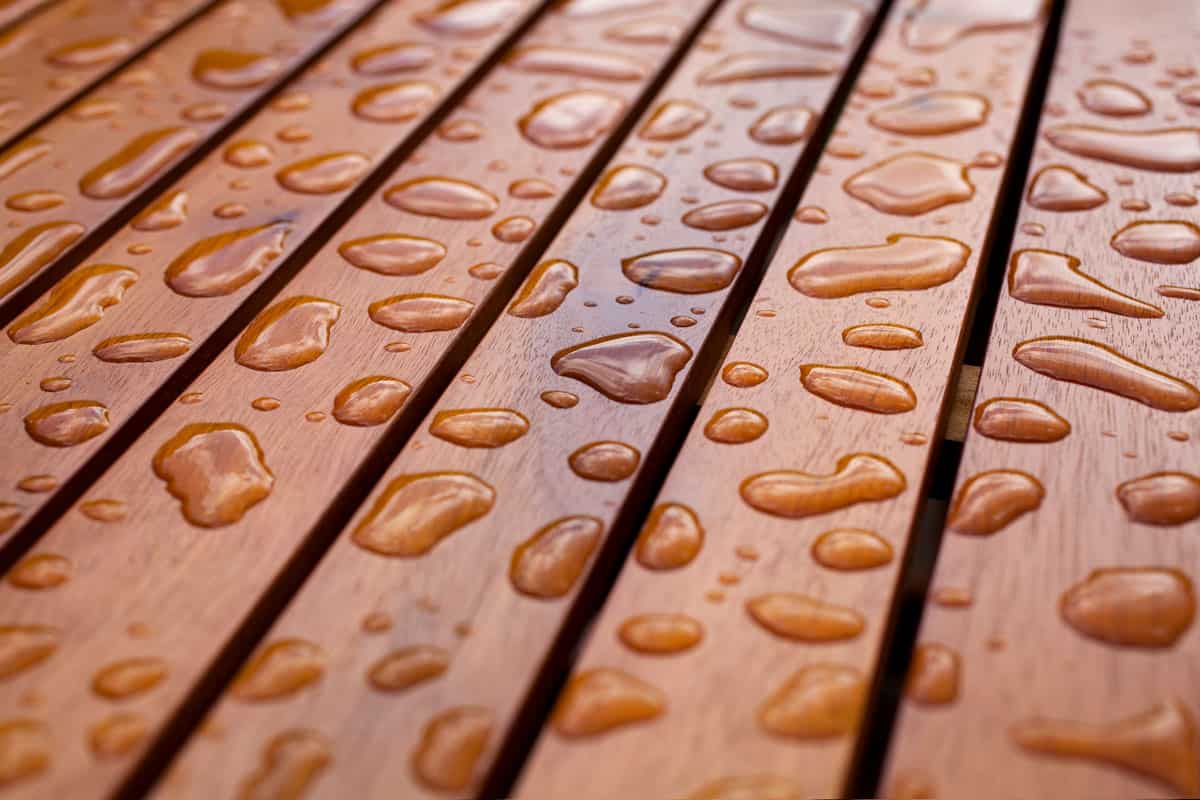 Droplets of water caused by rain on the deck