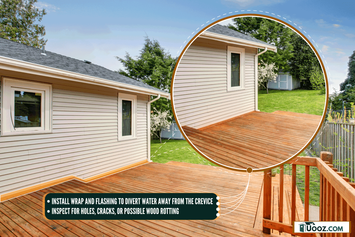 A small single story house with a wooden deck outside, A small single story house with a wooden deck outside, Water Leak Where Deck Meets House - What To Do?