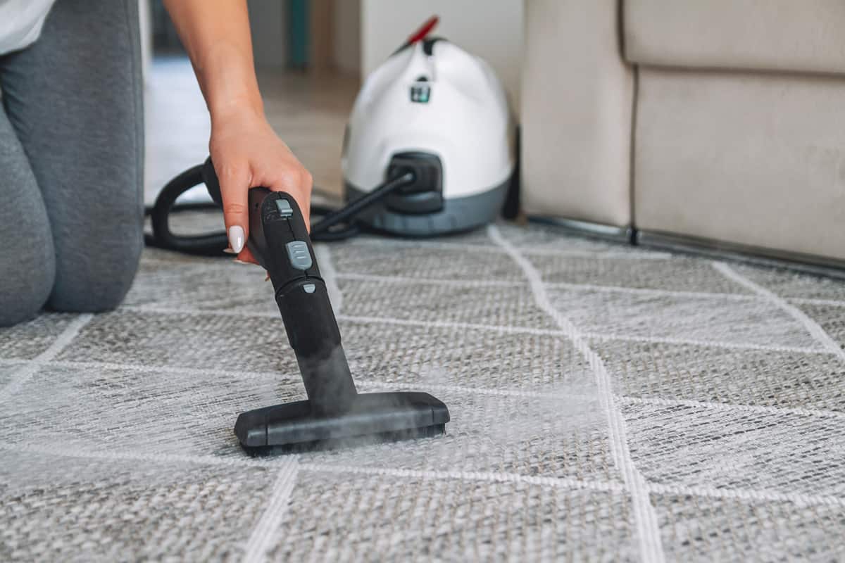 Woman cleaning the carpet using a steam cleaner